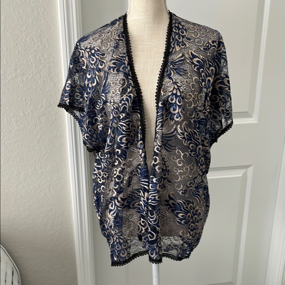 ECLATA Blue W Metallic Gold trimmed in Black Lace Kimono Cardigan VTG NWT OSFA